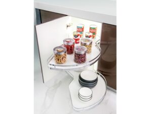 White two-tier Trebol peanut shaped organizer for blind corner, left opening