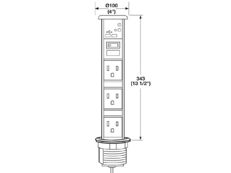 SensioPod Vertical Powerdock, 3 Outlets, 2 USB Ports, Splashproof with chrome top - 822.82.930