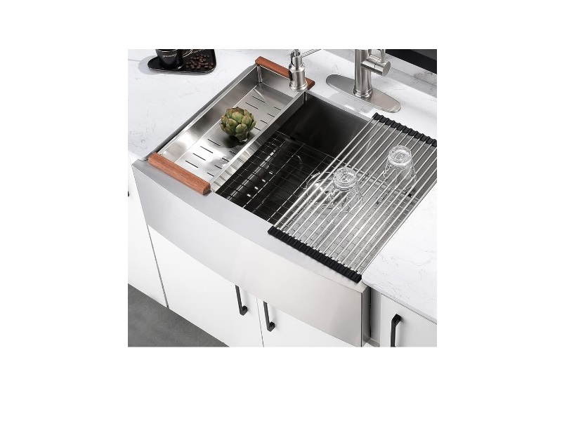 30 in x 21 in x 10 in Farmhouse/Apron-Front 16G Stainless Steel Single Bowl Kitchen Sink, curved front