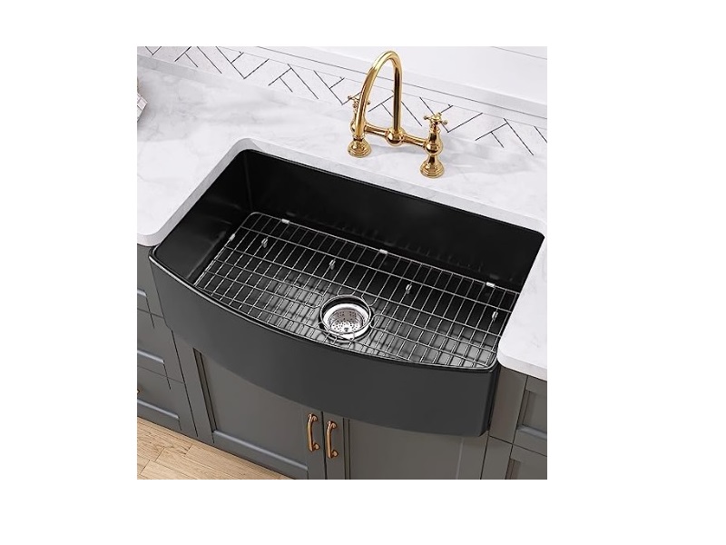 30 in x 21 in x 10 in Farmhouse/Apron-Front 20G Gunmetal color Stainless Steel Single Bowl Kitchen Sink, curved front