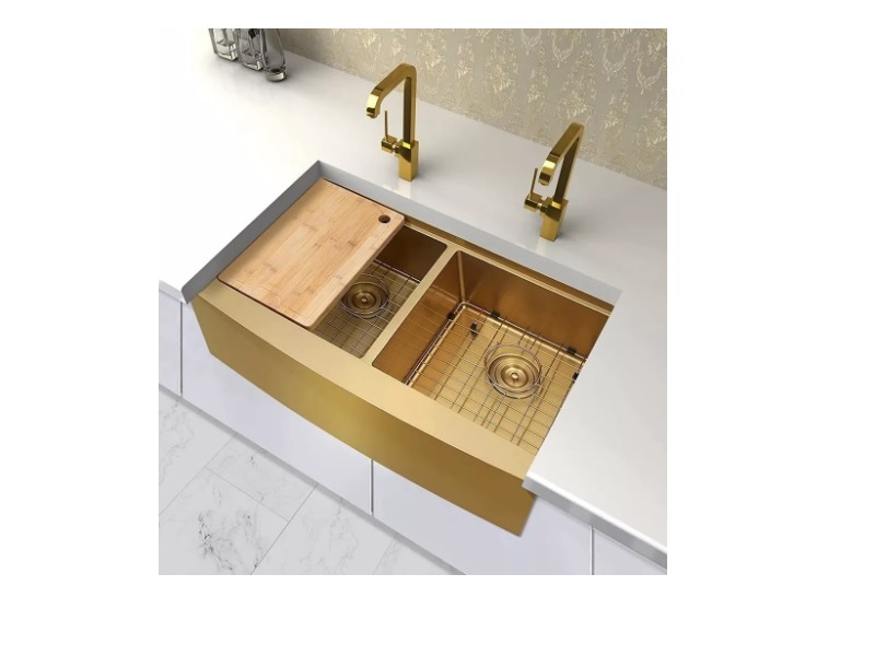 31 in x 22 in x 9 in Farmhouse/Apron-Front 20G Gold color Stainless Steel Double Bowl Kitchen Sink, curved front