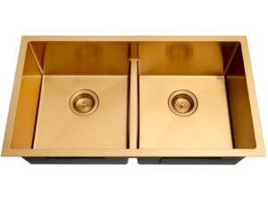 32 in x 18 in x 9 in gold undermount double bowl straight corners Luxury kitchen sink