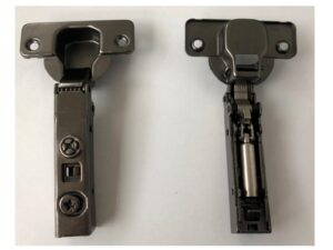 Black color soft-close clip-on full overlay hinge, 4-hole plate included, 1 pair