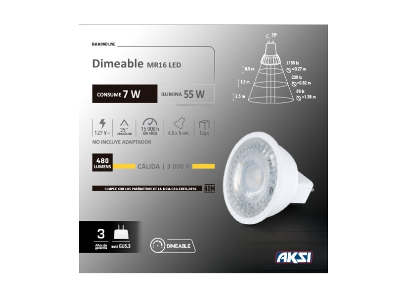 Bombilla LED dimmeable para spotlight MR16, 7W, GU5.3, 127V, luz cálida marca AKSI - 123223